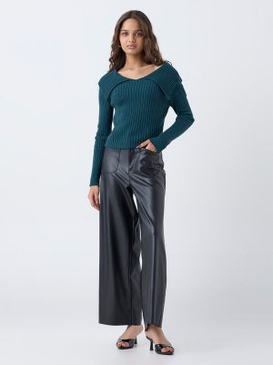 LOV Teal Ribbed-Textured Top