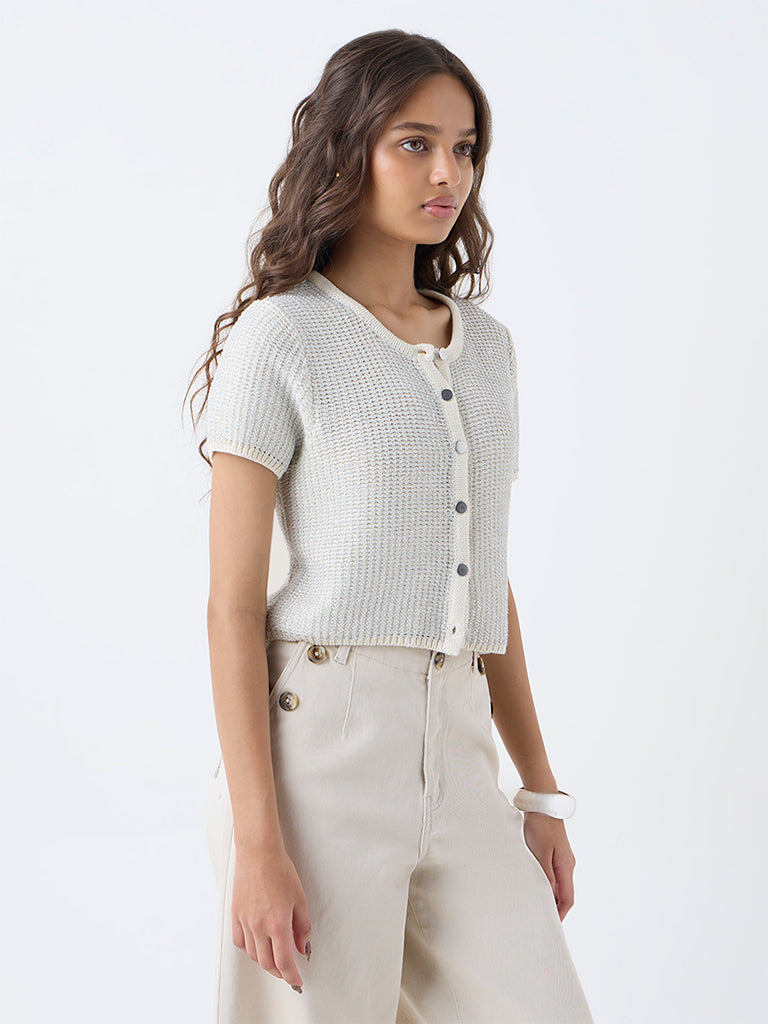 LOV Ivory Knit-Textured Cardigan