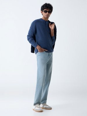 WES Casuals Navy Knitted Relaxed-Fit Henley Sweater