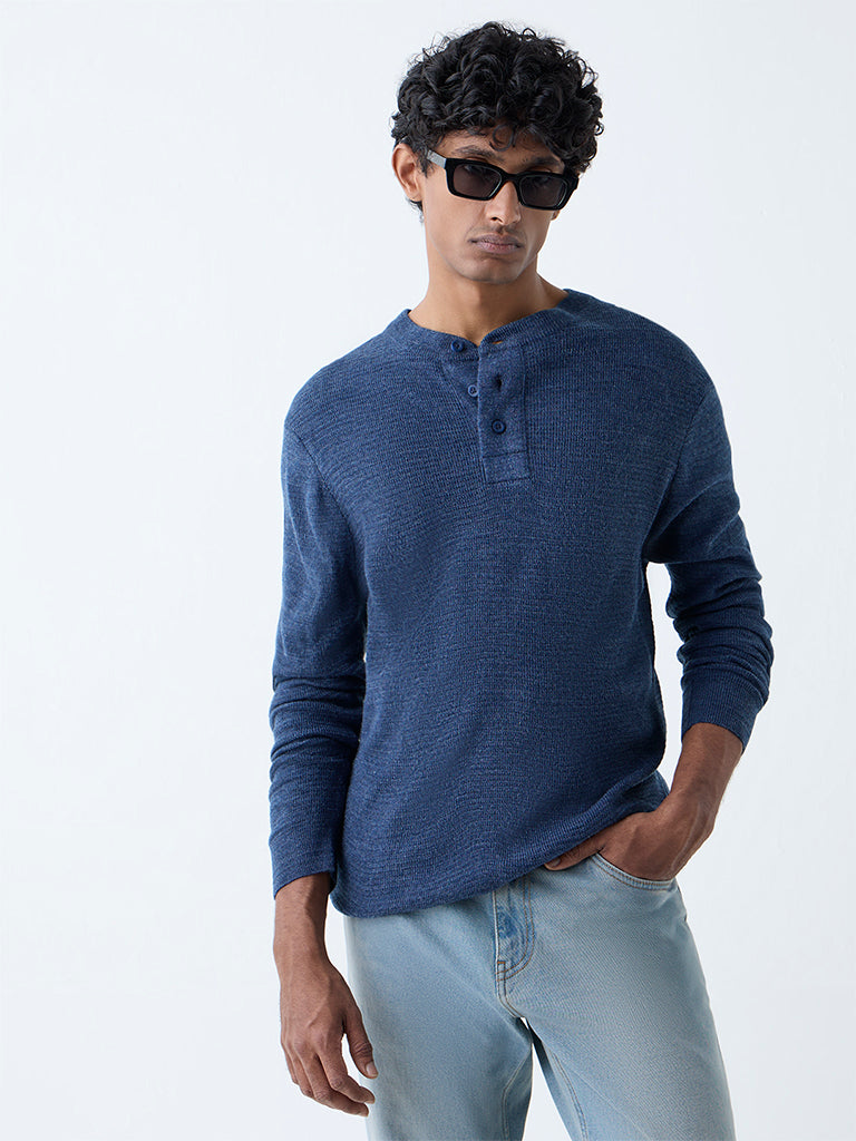 WES Casuals Navy Knitted Relaxed-Fit Henley Sweater - Image 3