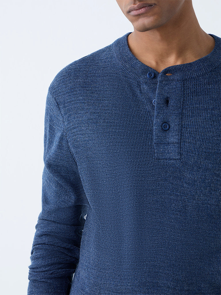 WES Casuals Navy Knitted Relaxed-Fit Henley Sweater - Image 4