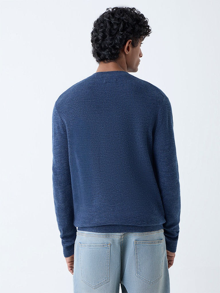 WES Casuals Navy Knitted Relaxed-Fit Henley Sweater - Image 5