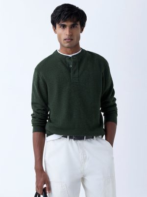 WES Casuals Olive Knitted Relaxed-Fit Henley Sweater