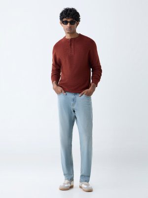 WES Casuals Rust Knitted Relaxed-Fit Henley Sweater