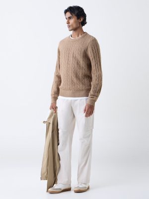 WES Casuals Light Beige Relaxed-Fit Mid-Rise Cotton Pants