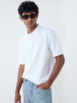 WES Casuals White Relaxed-Fit Cotton-Blend Polo T-Shirt