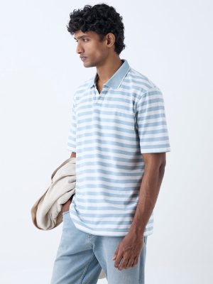 WES Casuals Blue Relaxed-Fit Cotton-Blend Polo T-Shirt