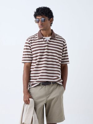 WES Casuals Brown Relaxed-Fit Cotton-Blend Polo T-Shirt
