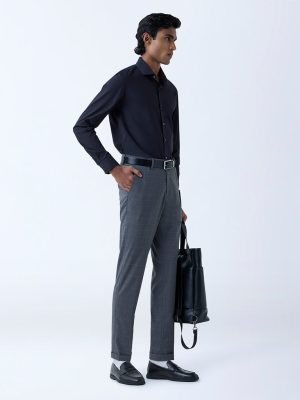 WES Formals Charcoal Checks Relaxed-Fit Mid-Rise Trousers