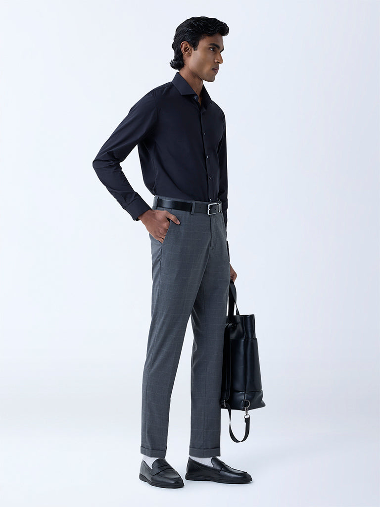WES Formals Charcoal Checks Relaxed-Fit Mid-Rise Trousers