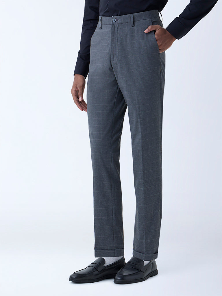 WES Formals Charcoal Checks Relaxed-Fit Mid-Rise Trousers - Image 3