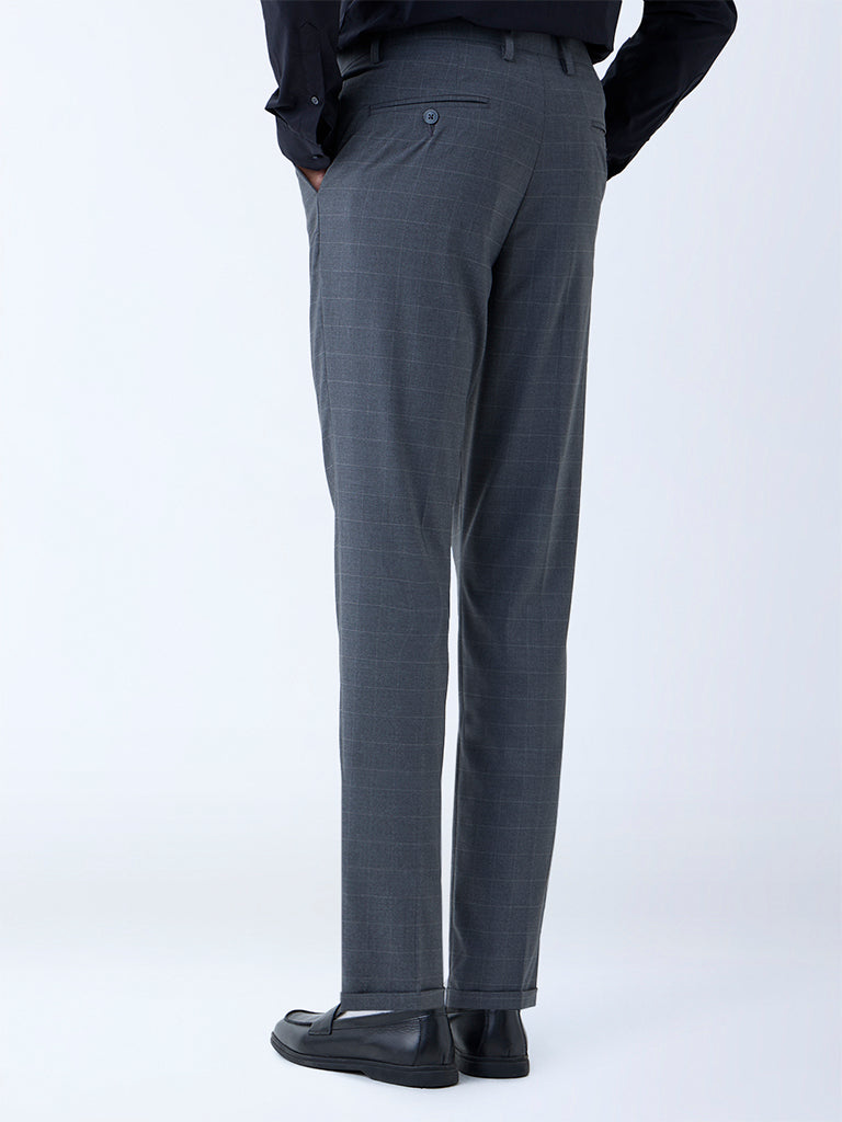 WES Formals Charcoal Checks Relaxed-Fit Mid-Rise Trousers - Image 5