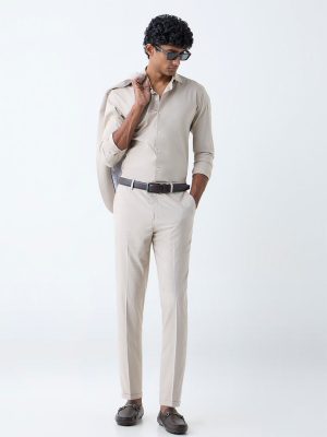 WES Formals Beige Checkered Relaxed-Fit Mid-Rise Trousers