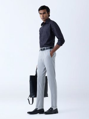 WES Formals Light Grey Solid Relaxed-Fit Mid-Rise Trousers