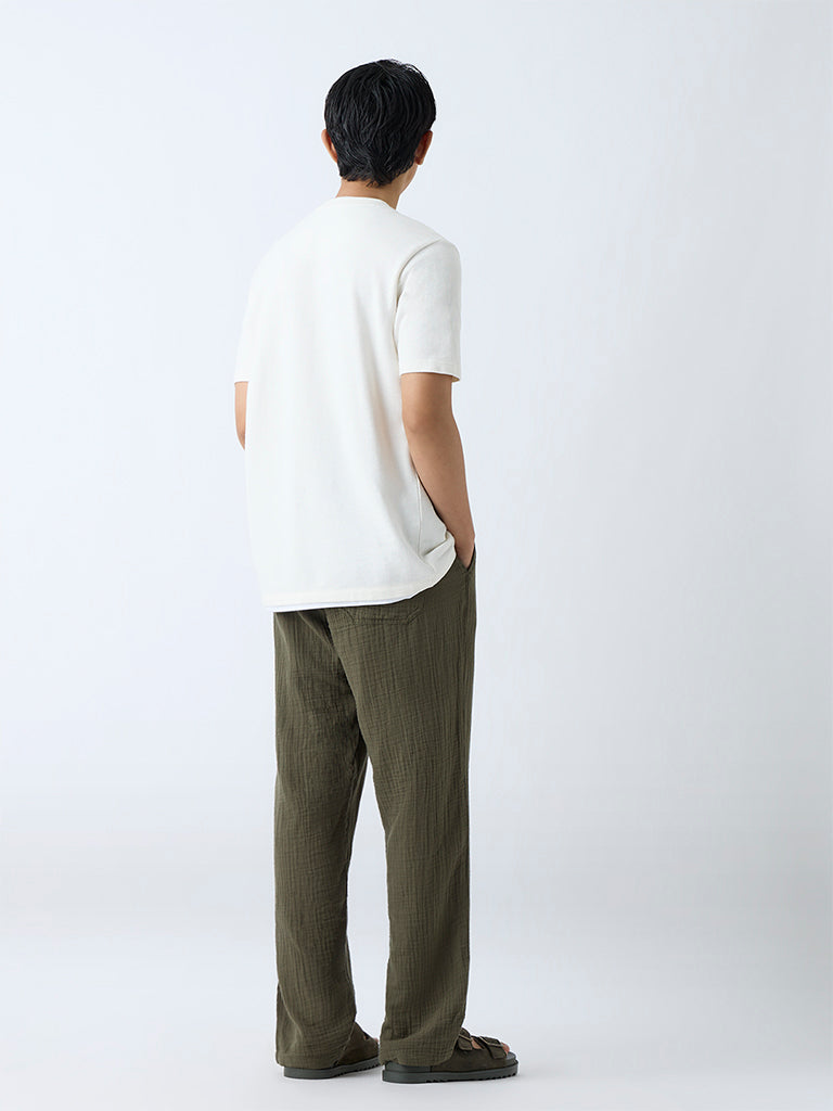 ETA Olive Textured Relaxed-Fit Mid-Rise Cotton Pants - Image 5
