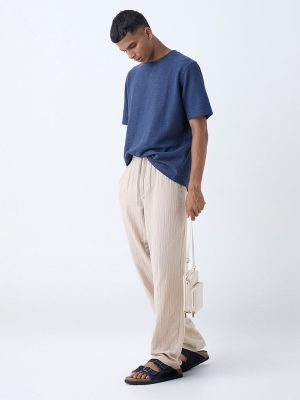 ETA Taupe Textured Relaxed-Fit Mid-Rise Cotton Pants