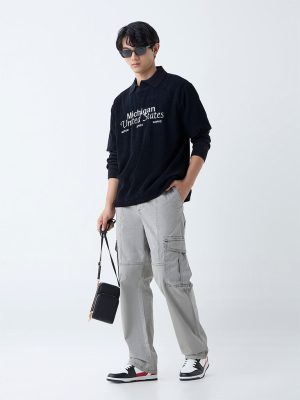 Nuon Grey Relaxed-Fit Mid-Rise Cotton-Blend Cargo Pants