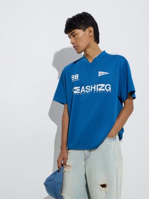 Nuon Blue Text Printed Relaxed-Fit T-Shirt