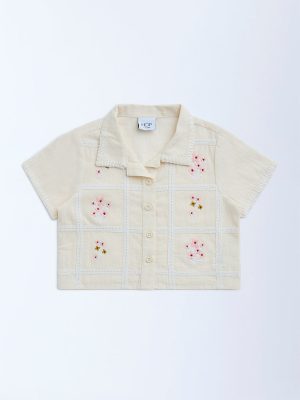 HOP Kids Cream Floral Embroidered Cotton Shirt