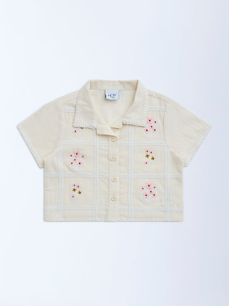 HOP Kids Cream Floral Embroidered Cotton Shirt