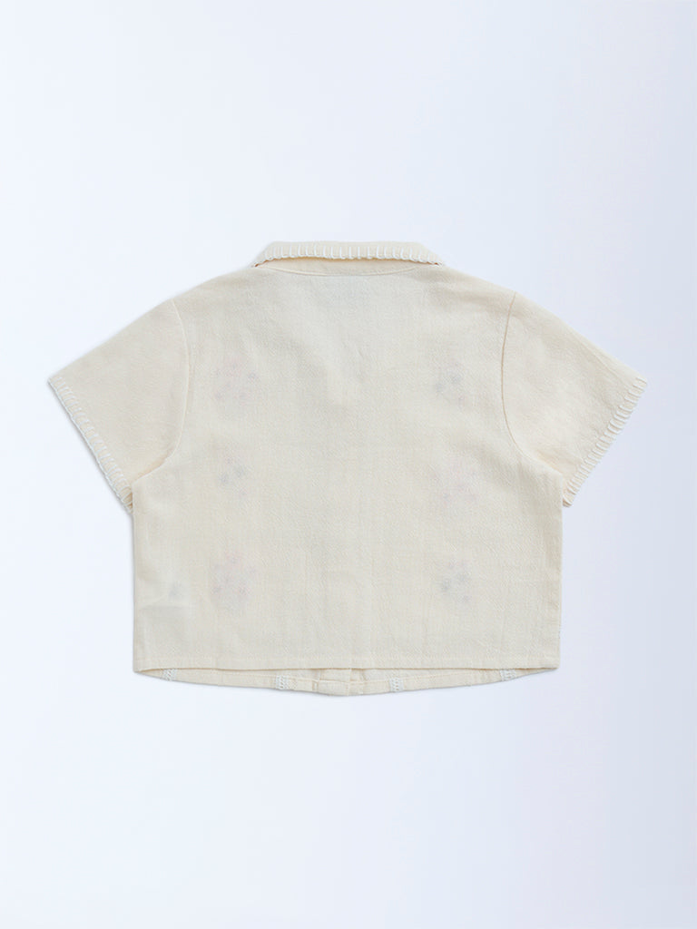 HOP Kids Cream Floral Embroidered Cotton Shirt - Image 2