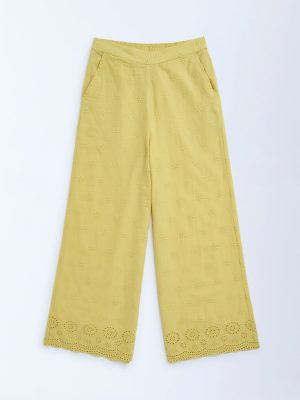 Utsa Kids Yellow Schiffli Detailed Cotton Ethnic Pants - (8-14yrs)