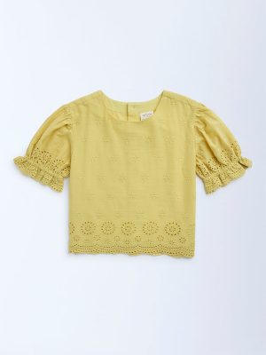 Utsa Kids Yellow Schiffli Design Cotton Ethnic Top - (8-14yrs)