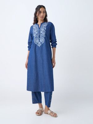 Utsa Indigo Embroidered Straight Denim Kurta