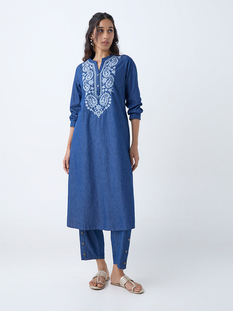 Utsa Indigo Embroidered Straight Denim Kurta