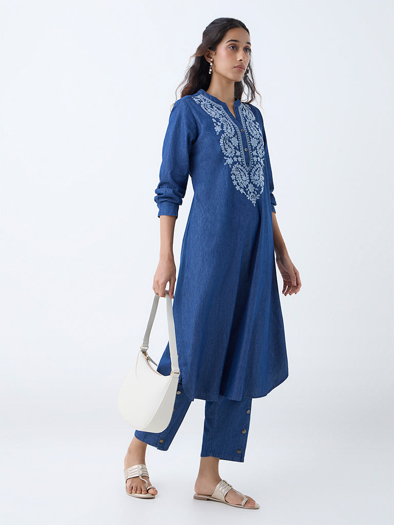 Utsa Indigo Embroidered Straight Denim Kurta - Image 2