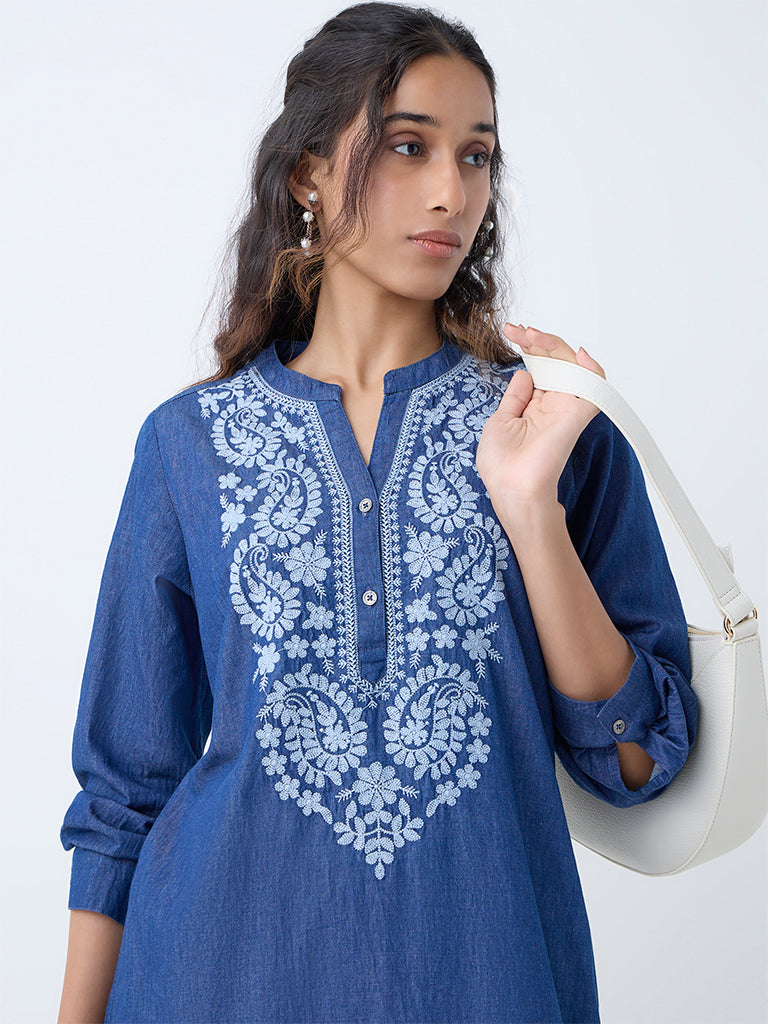 Utsa Indigo Embroidered Straight Denim Kurta - Image 3