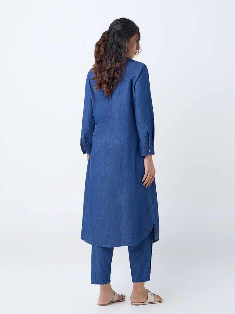 Utsa Indigo Embroidered Straight Denim Kurta - Image 4