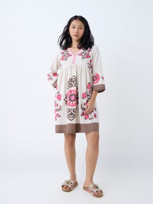 Utsa Pink Floral Cotton-Blend A-Line Dress