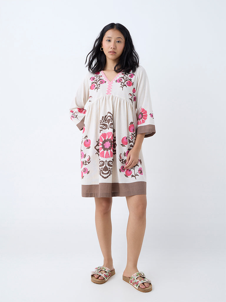 Utsa Pink Floral Cotton-Blend A-Line Dress