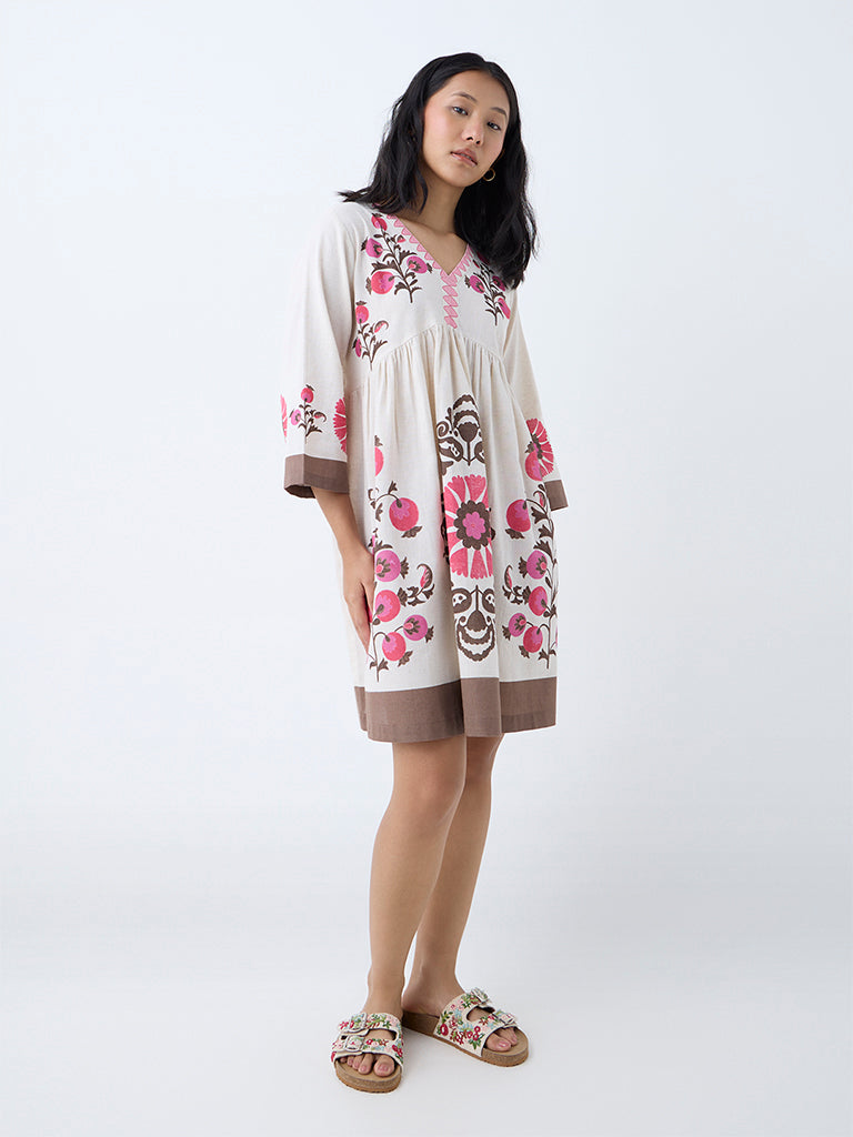 Utsa Pink Floral Cotton-Blend A-Line Dress - Image 2