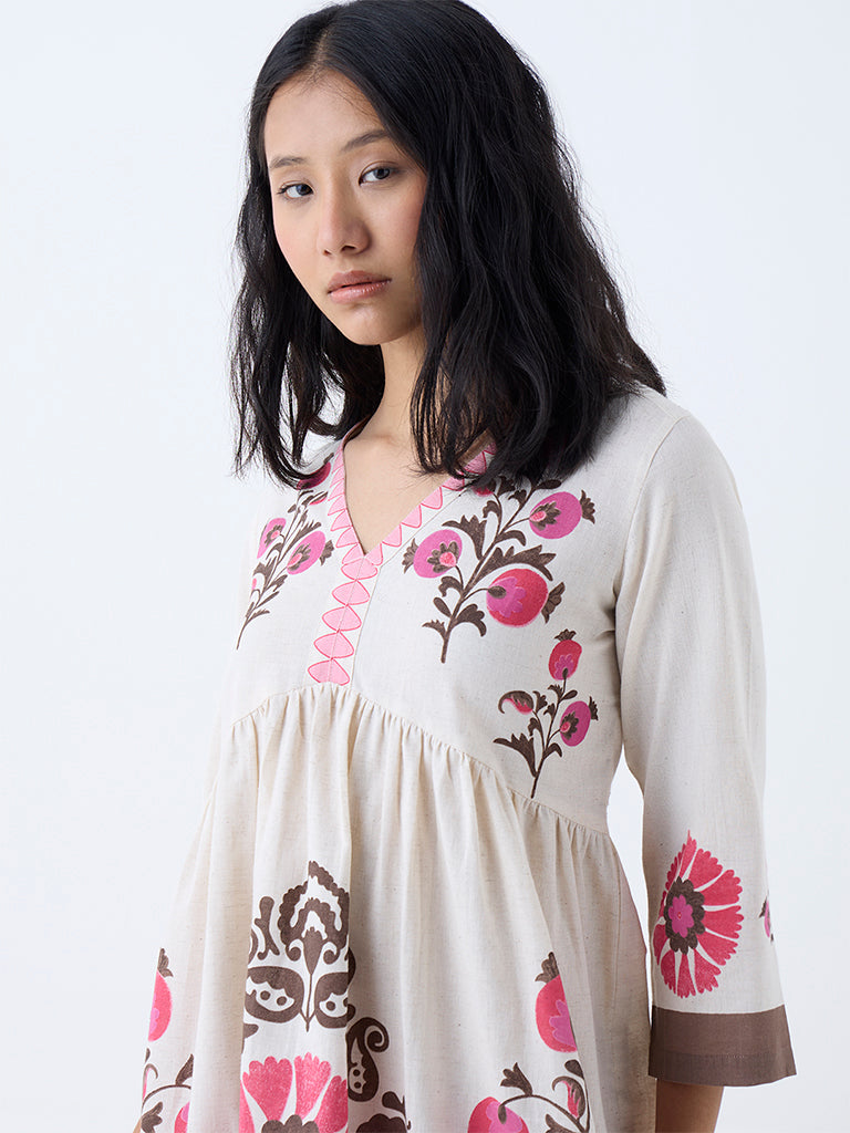 Utsa Pink Floral Cotton-Blend A-Line Dress - Image 3