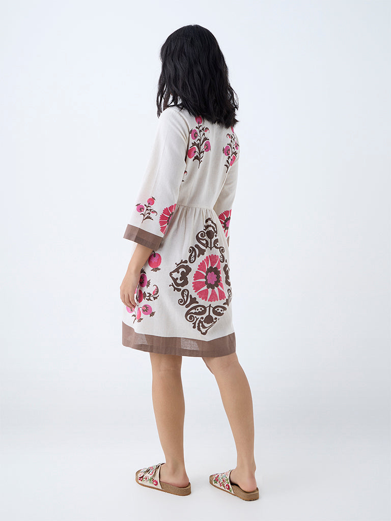 Utsa Pink Floral Cotton-Blend A-Line Dress - Image 4