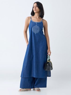 Utsa Indigo Mirror Detailed Denim A-Line Kurta