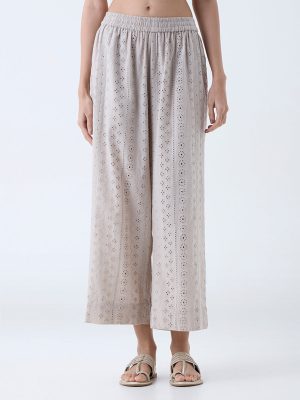 Zuba Taupe Schiffli Embroidered Cotton Palazzos