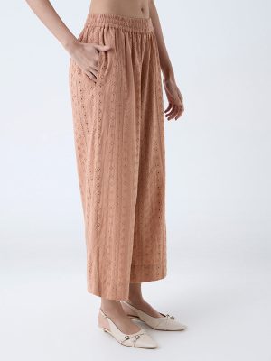 Zuba Dusty Orange Schiffli Design Cotton Palazzos