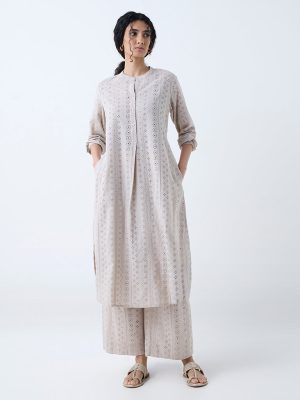 Zuba Taupe Schiffli Design Cotton A-Line Kurta