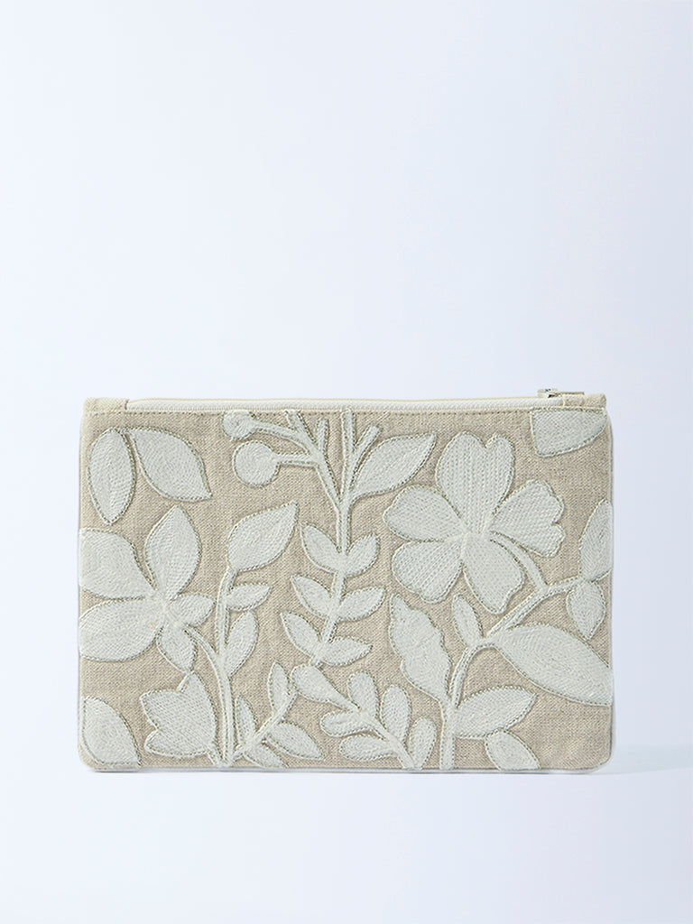 Westside Home Beige Floral Embroidered Pouch
