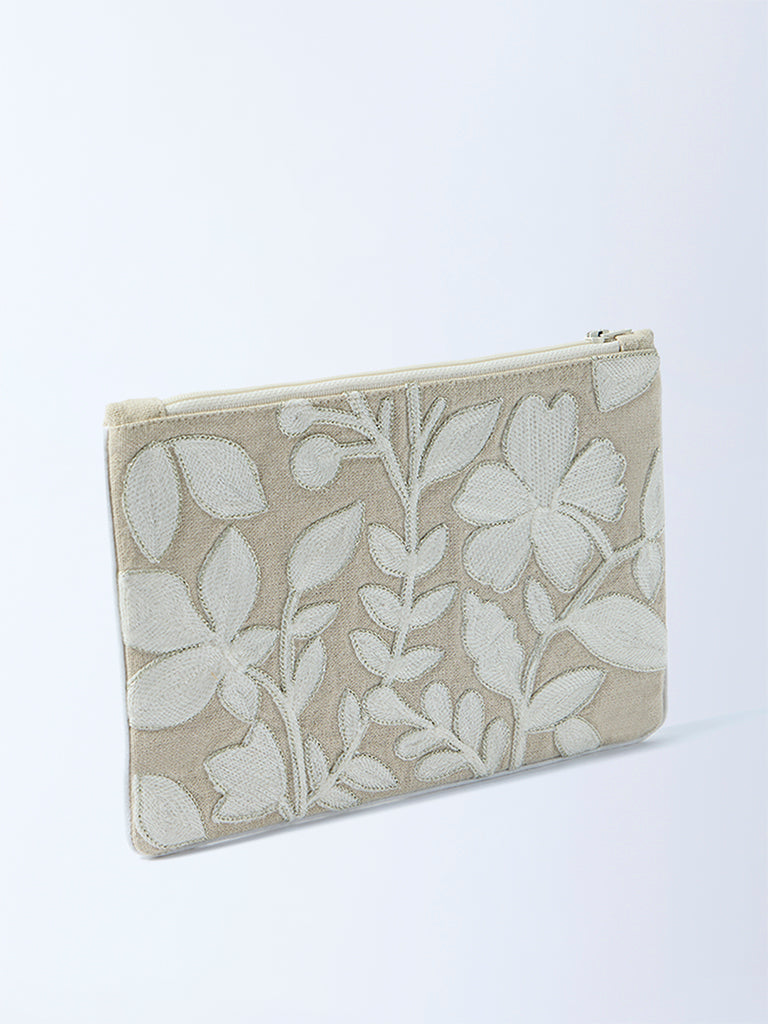 Westside Home Beige Floral Embroidered Pouch - Image 2