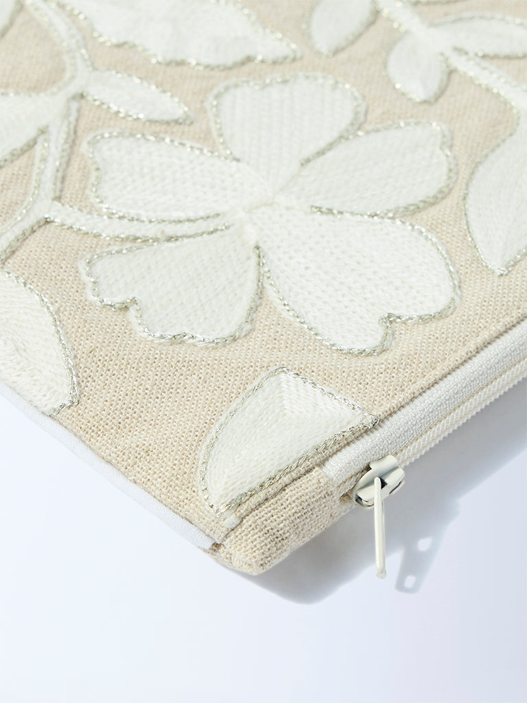Westside Home Beige Floral Embroidered Pouch - Image 3