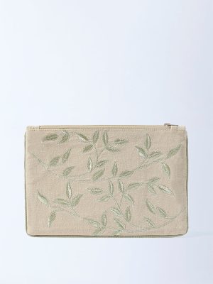 Westside Home Beige Zari Leaf Embroidered Pouch