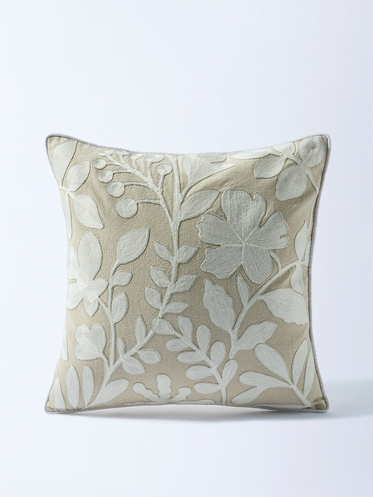 Westside Home Beige Floral Embroidered Cushion Cover
