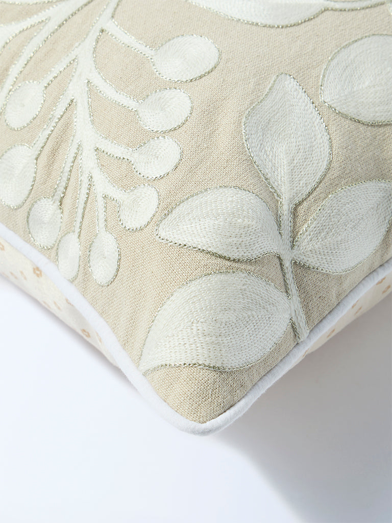 Westside Home Beige Floral Embroidered Cushion Cover - Image 3