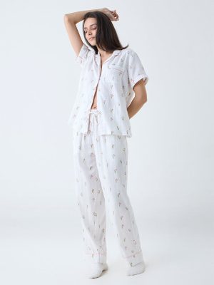 Wunderlove White Floral Cotton Shirt and Pyjamas Set