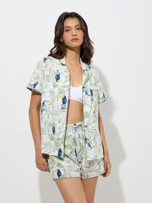 Wunderlove White Botanical Cotton Shirt and Shorts Set