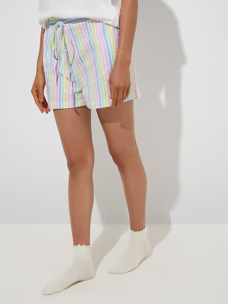 Wunderlove Multicolour Stripe High-Rise Cotton Shorts - Image 2